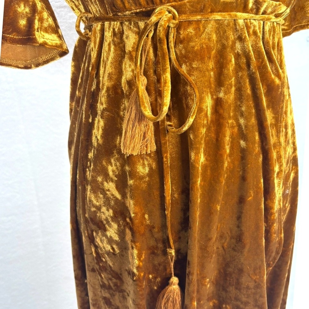Boho Festival Crushed Velvet Mini Dress Gold Plunge Neck Tassel Flutter Sleeve L - Picture 7 of 9